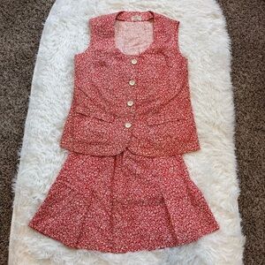 Vintage 60s red micro floral mini skirt and vest set handmade size XS